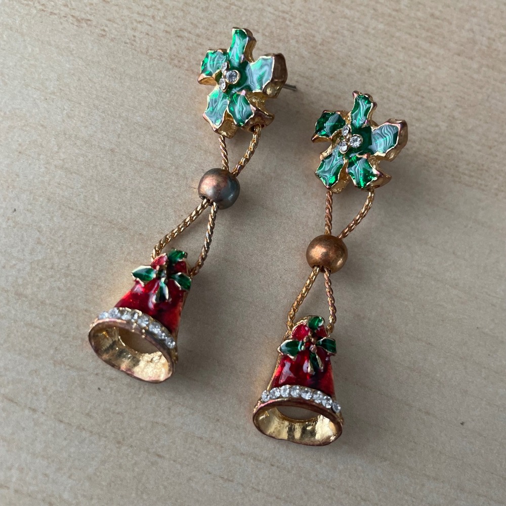 Vtg Christmas Enamel Rhinestone Mistletoe Holly Bell Dangle Drop Earrings Golden